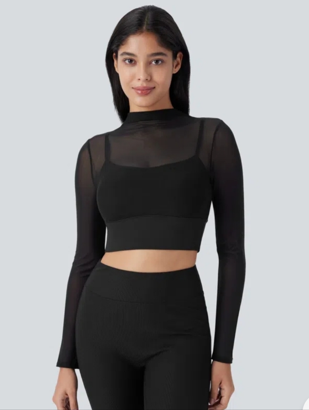 NWT Halara Black Mesh 2-in-1 Crop Long Sleeve Yoga Top Size Medium